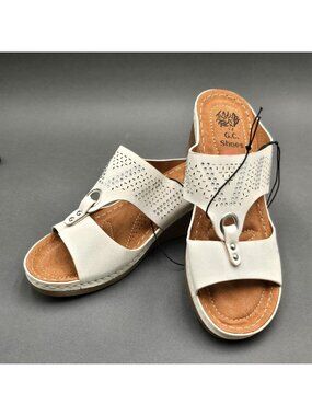 G.C. Shoes Marbella Wedge Sandals Size 7.5 White Rhinestone Studded Slides